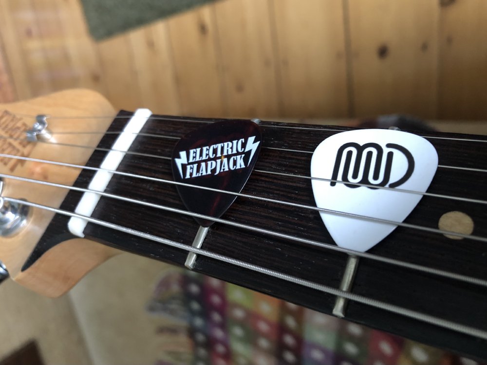 A close up picture of two plectrums placed under the strings of a guitar neck. One is white with a stylised MWD initials, and the other is a brown pearly look with the Electric Flapjack logo on it.