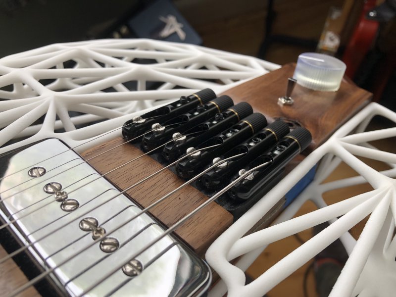 A close up on the Mera Submarine Bridge unit on the guitar, where each string has it's own tube like tuner.