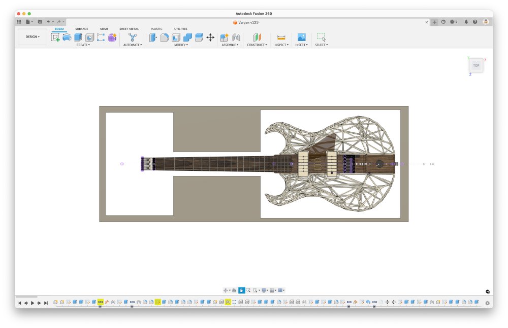 A screenshot of Fusion 360 CAD tool showing a top down view of the Älgen guitar, and the outline of a case surrounding it.