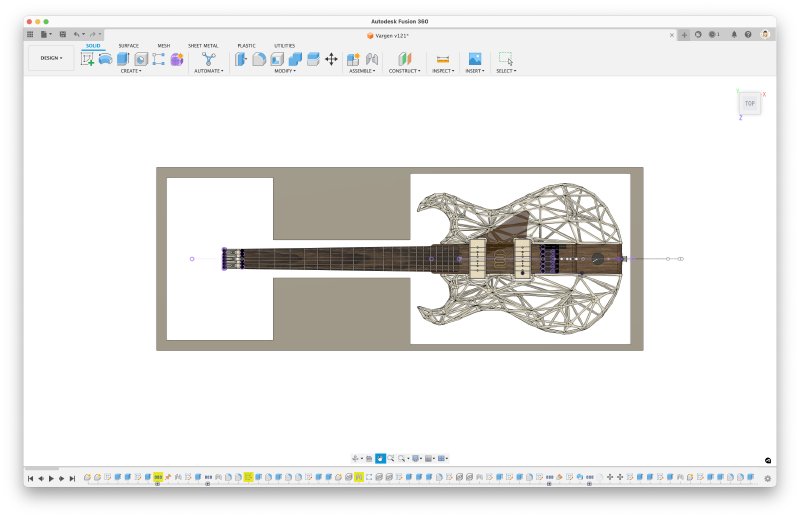 A screenshot of Fusion 360 CAD tool showing a top down view of the Älgen guitar, and the outline of a case surrounding it.