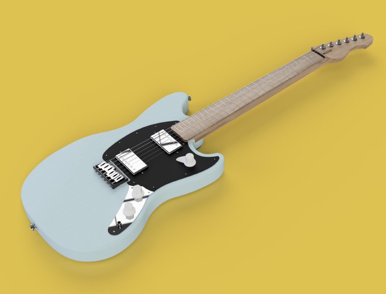 A CAD render of the finished guitar, showing it to have a maple neck, a light blue painted body, with a black pick-guard, into which are mounted a pair of chrome capped humbucker pickups.