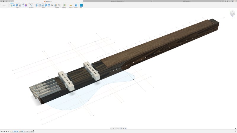 A screenshot of Autodesk Fusion 360 showing a very crude sketch of a through-neck headless bass design where the centre is just mostly a shaped plank, and the wings are just sketch profiles. You can see a bridge and pickup parts have been added to give some detail.
