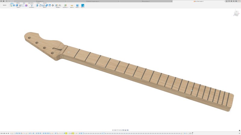 A screenshot of Autodesk Fusion 360 showing a 3D model of a regular looking bass-guitar neck, with frets and side dot inlays.