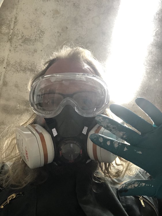 A Selfie, where I'm wearing all the PPE: goggles over my glasses, a respirator with filters for volatile organics (fatter than dust filters), my overalls, and heavy duty latex gloves, which are already spotted with paint.