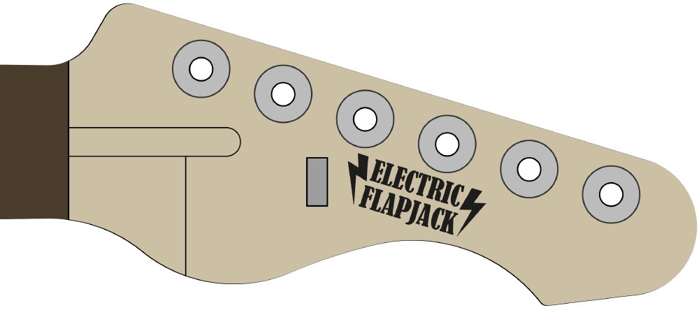 A vector image drawing of a guitar headstock, and on the face is the Electric Flapjack logo, which is just the words 'Electric Flapjack' with lighting symbols either side.