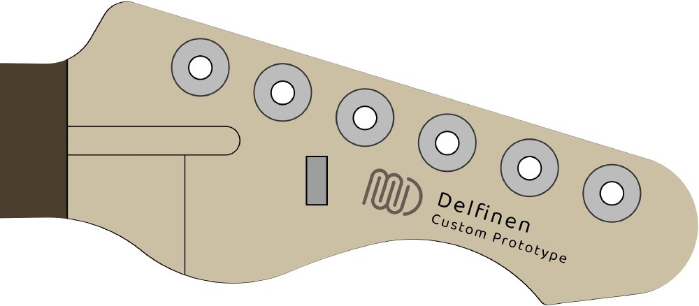 A vector image drawing of a guitar headstock, and on the face is the MWD logo, which is a sort of squarish outline of the three letters overlapping each other, and next to that it says on two lines 'Delfinen' and 'Custom Prototype' in  sans serif font.