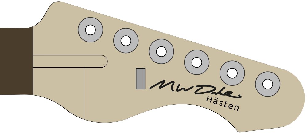 A vector image drawing of a guitar headstock, and on the face is my signature saying 'M W Dales' and under that is 'Hästen' in a sans-serif font.