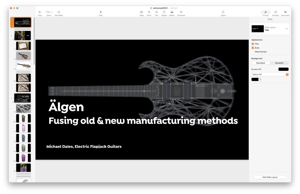 A screen-shot of some presentation software, showing a title slide that says 'Älgen: Fusing Old & New manufacturing methods' under which is a sort of x-ray view of the guitar in question. You can see in the other slide thumbnails the slides are all pictures and no words.