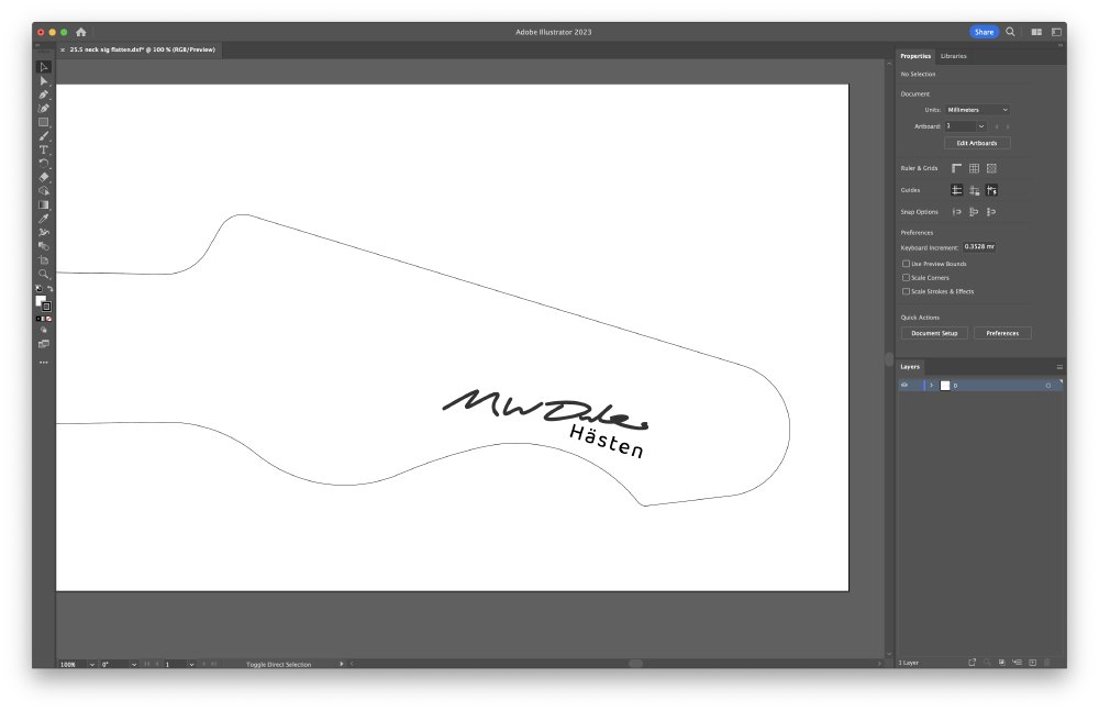 A screen shot of a vector outline of a guitar neck headstock in Adobe Illustrator, with just the M W Dales signature, and the word 'Hästen' on it.
