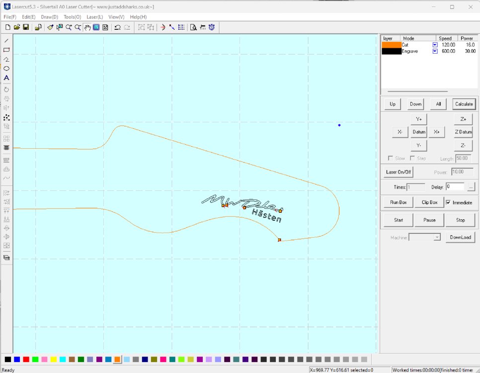 The same vector outline and logo as before, but now in some 90s looking software that drives the laser cutter.