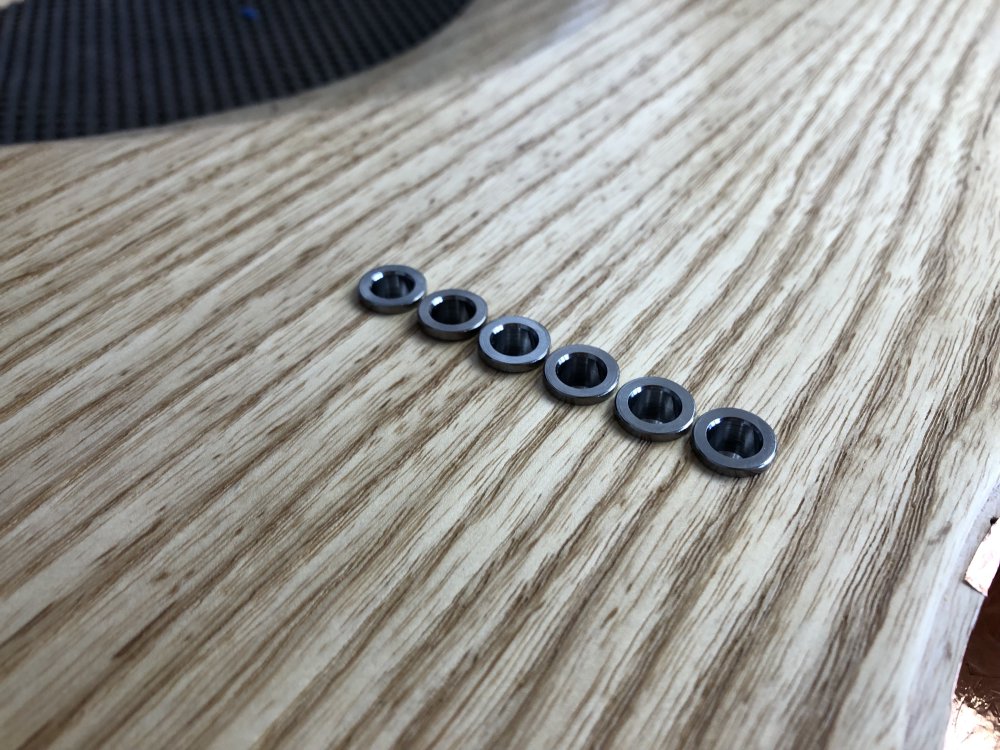 A close-up photo of the back of a guitar showing a line of six metal thimbles, about 10mm diameter, embedded in the back of it, spaced about 1mm apart.