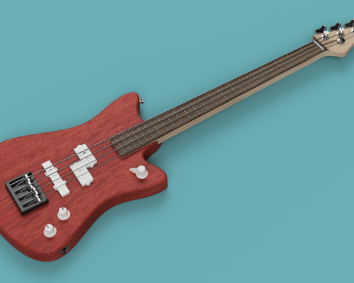 A 3D render of a short-scale electric bass-guitar. The body is an offset, slightly angular solid-body, shown in wood stained a crimson red. It has two white-covered pickups, and two dials and a selector switch on it. The neck has a rosewood fretboard is otherwise maple. The guitar is laid down on a solid blue background.