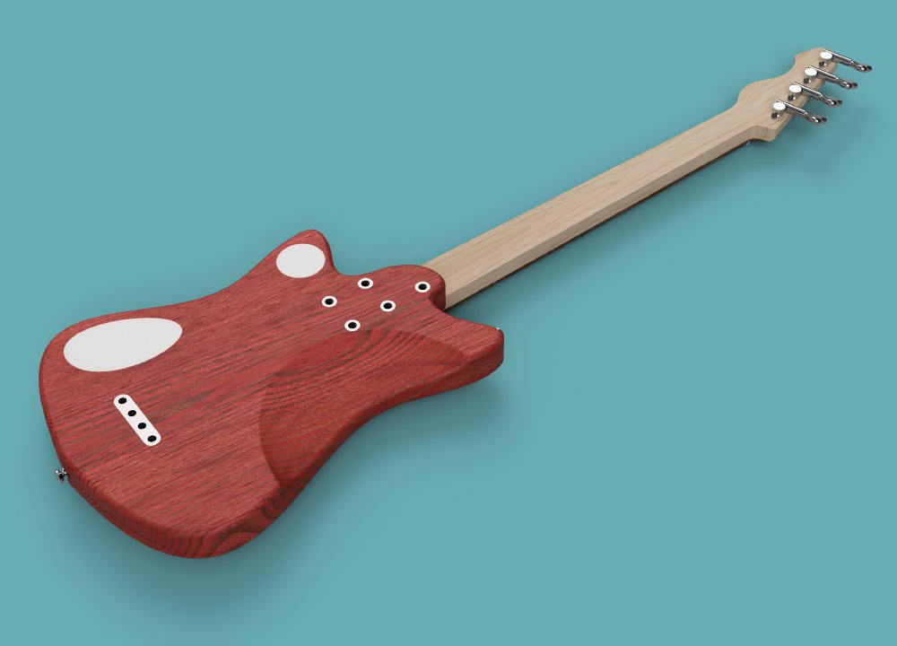 A render of the bass-guitar face down, showing the rear of the body. You can see two white covers where the electornics will go, correspoding to the position of the controls on the front in earlier pictures. There's a ferrule block where the strings come through to the back from the bridge. At the neck joint there are five ferrules where the neck is bolted on, and a body carve scooping out material where the instrument will rest against the player. The neck looks like it hasn't been carved at all, and has a blocky back.