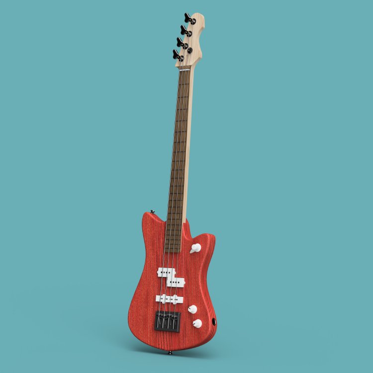 Another render of the bass-guitar seen in the first picture, but now stood up on it's tail like it would be in a stand.