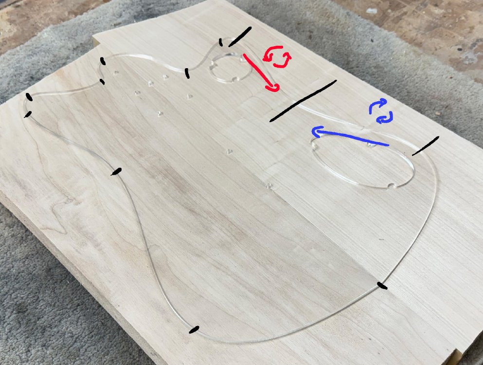 An annotated version of an earlier photo showing the body template sitting on the two-piece body blank. You can see the grain of the wood runs along the same direction as the centre joint line of the body running neck to tail. The body template is a series of curves, where it is wider towards the neck end and tail end and thinner in the middle. Where the curves change direction relative to the gain of the wood I've placed a tick mark to highlight this. On one pair of sections: for one I've indicated with a blue arrow following the body edge counter-clockwise and a red arrow running clockwise around the edge that they'll need to be cut in different directions: if you examine the grain here this would mean in both cases you're stepping down the grain relative to the profile of the template. There's a crude circular arrow with each of these indicating which way the router bit needs to be rotating relative to the wood: clockwise for the blue arrow and counter-clockwise for the red-arrow.