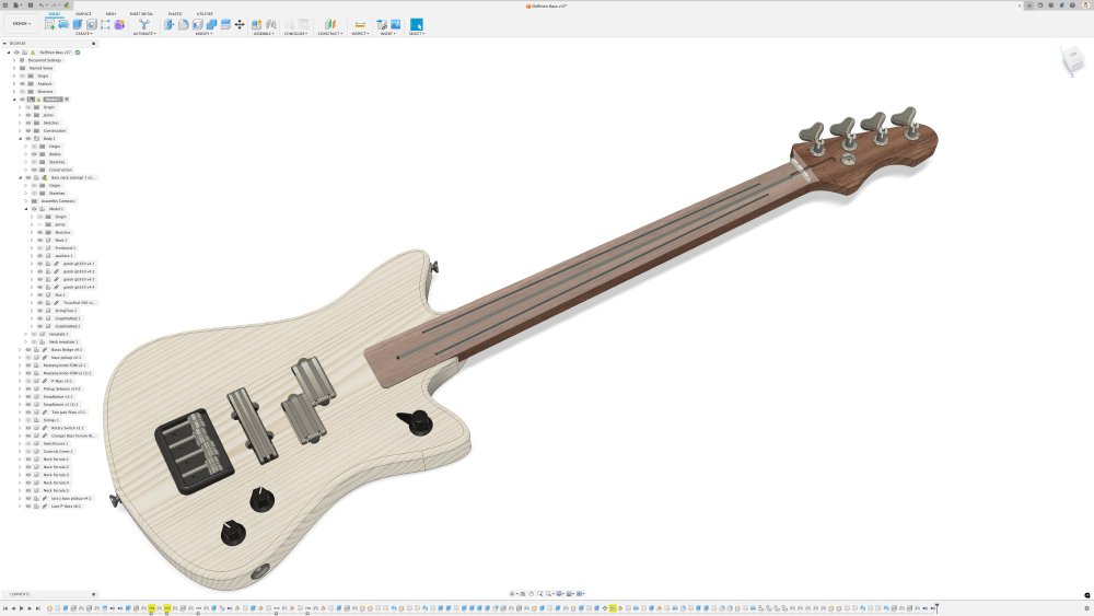 A screenshot of a CAD program showing a 3D-model of an electric bass-guitar. The freboard on the neck is missing, and inside it you can see the metal truss-rod that runs long the centre of the neck, and either side of it a smaller slot that run most the length of the neck for graphite rods to run.