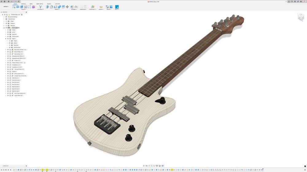 A screenshot of a CAD program showing a 3D-model of an electric bass-guitar. The instrument has a dark-wood neck and a white-stained body, a PJ bass-pickup configuration, a pickup selector switch and a volume and tone control.