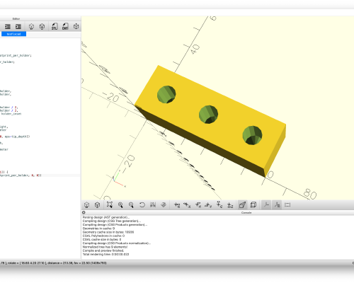 A screenshot of OpenSCAD, showing three panels within a single window. The left half of the window is taken up with a code editor, and then the right hand side is mostly taken up with a 3D view of a small block with three holes in it, and then a small section of logging output.