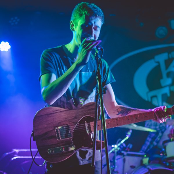 Tristan Dales on stage at King Tut's Wah Wah hut playing the Chuncaster custom t-style guitar.