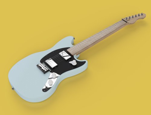 A CAD render of a mustang-style guitar, with a natural wood finish ash body with black pickguard, and a maple fretboard on maple neck.