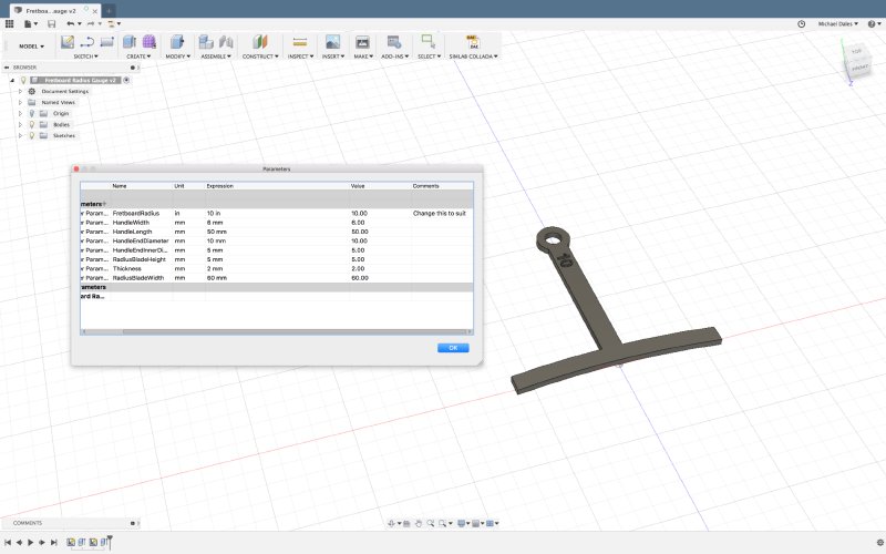 A CAD screenshot showing a radius gauge tool design.